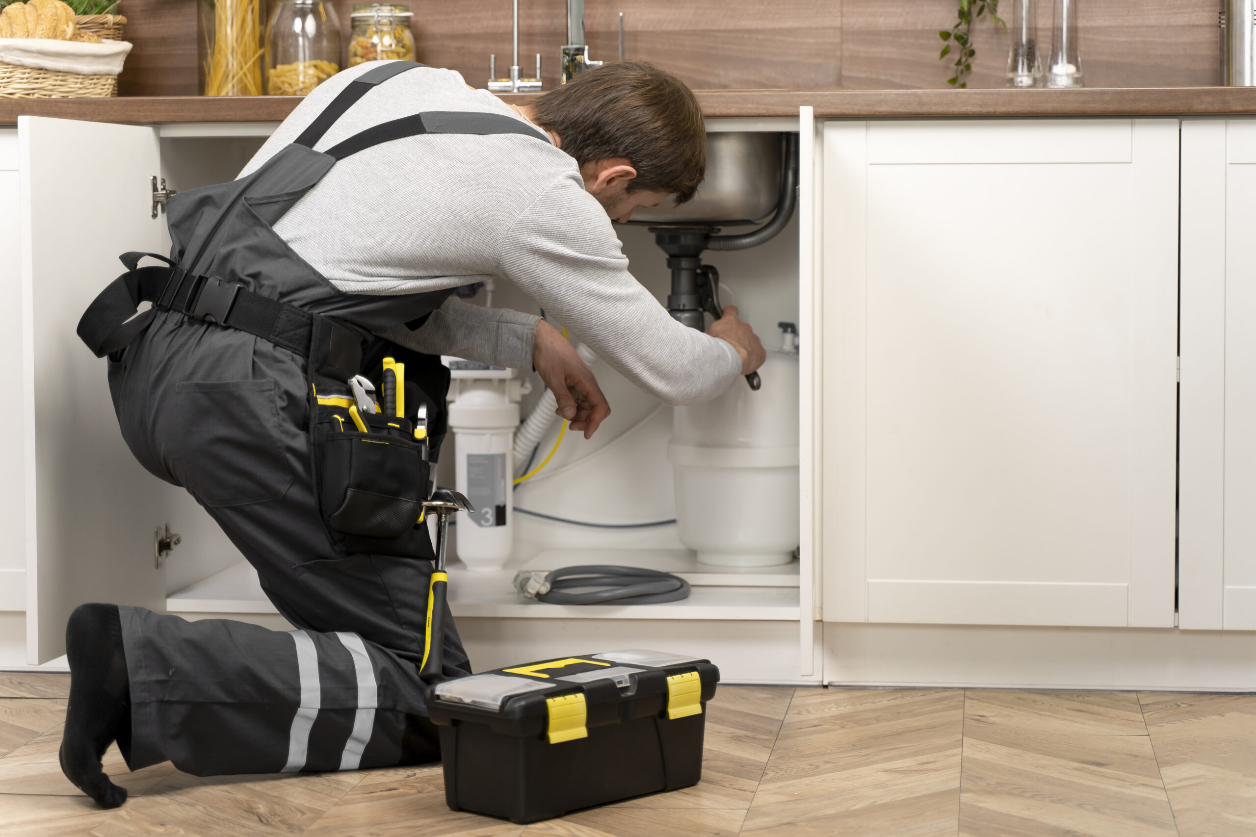 Plumber performing blocked drain services under a kitchen sink to repair pipe issues