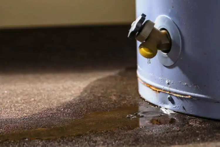 A hot water tank’s relief valve leaking onto the floor – the kind of mess you could face if installation or maintenance is sloppy.